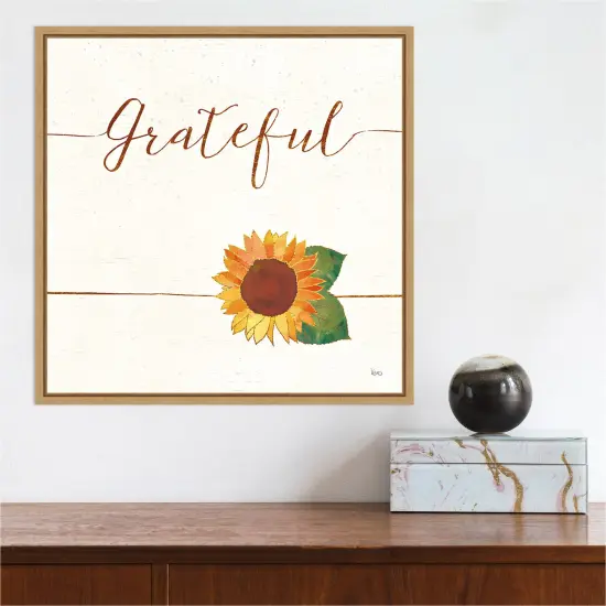 Grateful Fall Sunflower by Veronique Charron 16-in. W x 16-in. H. Canvas Wall Art Print Framed in Natural {4}
