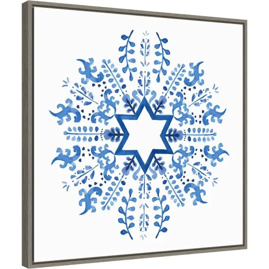 Indigo Hanukkah II by Victoria Borges 22-in. W x 22-in. H. Canvas Wall Art Print Framed in Grey {1}