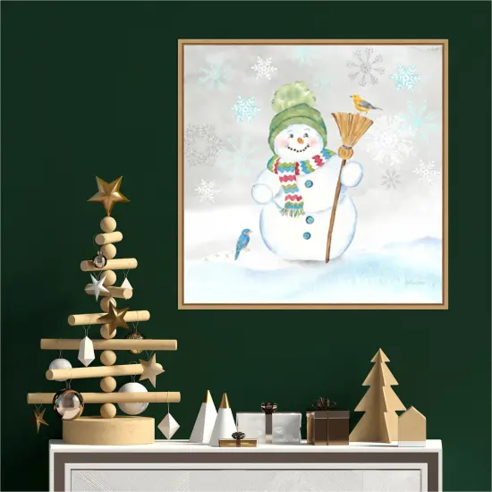 Let it Snow Blue Snowman IV by Cynthia Coulter 22-in. W x 22-in. H. Canvas Wall Art Print Framed in Natural {4}