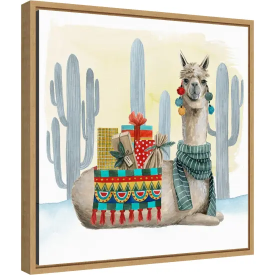 Boho Christmas II (Llama Cactus) by Grace Popp 16-in. W x 16-in. H. Canvas Wall Art Print Framed in Natural {1}