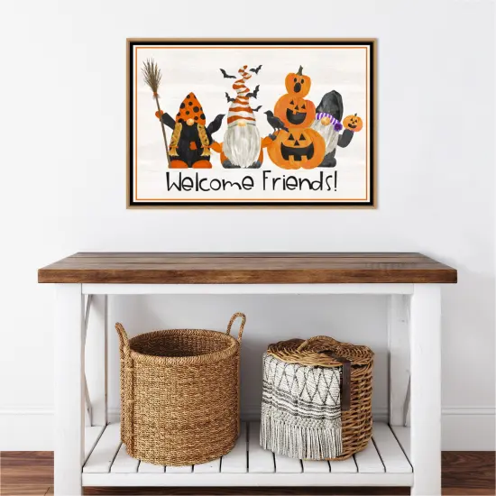 Gnomes of Halloween landscape II-Welcome Friends by Tara Reed 33-in. W x 23-in. H. Canvas Wall Art Print Framed in Natural {5}