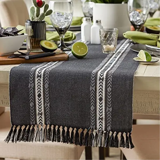 DII Black Dobby Striped Fringe Ribbed Table Runner 14x108 {4}