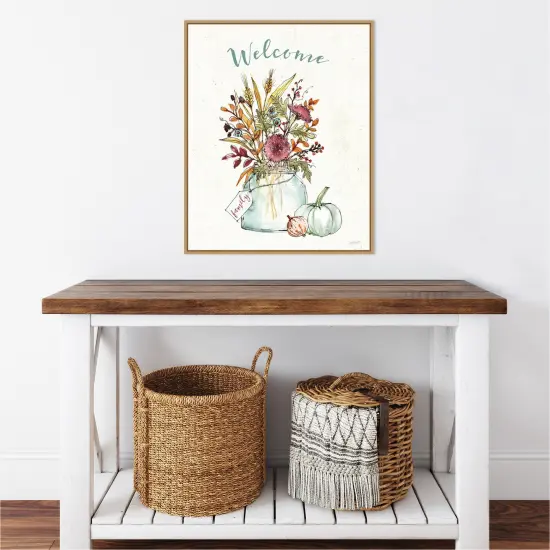 Festive Foliage III Welcome by Anne Tavoletti 23-in. W x 28-in. H. Canvas Wall Art Print Framed in Natural {4}