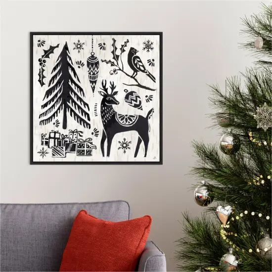 Woodcut Christmas V by Daphne Brissonnet Canvas Wall Art Print Framed Black {5}