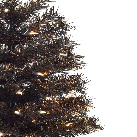 Perfect Holiday 24" Pre-Lit Tabletop Matte Black Gold Tinsel Halloween Tree With Burlap Base {5}