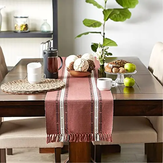 DII Clay Dobby Striped Fringe Ribbed Table Runner 14x108 {3}