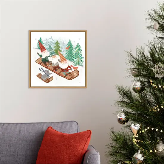 Woodland Gnomes III by Mary Urban 16-in. W x 16-in. H. Canvas Wall Art Print Framed in Natural {5}