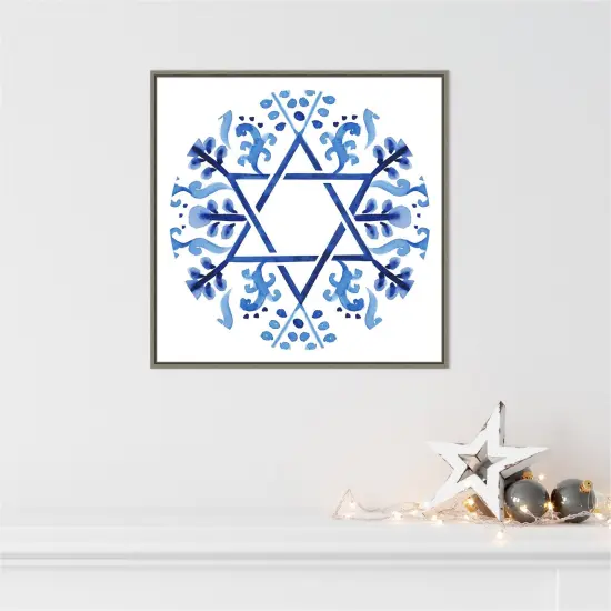 Indigo Hanukkah Collection C by Victoria Borges 22-in. W x 22-in. H. Canvas Wall Art Print Framed in Grey {4}