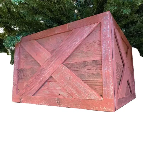 Rustic Farmhouse Large Deluxe 27" Reclaimed Wooden Christmas Tree Box Collar Red {1}