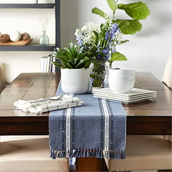 DII French Blue Dobby Striped Fringe Ribbed Table Runner 14x72 {3}
