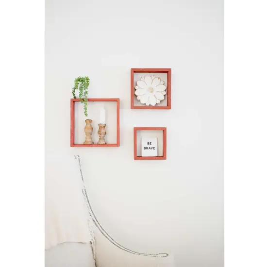 Rustic Farmhouse Reclaimed Wooden Open Square Wall Shelves (Set of 3) Red {3}
