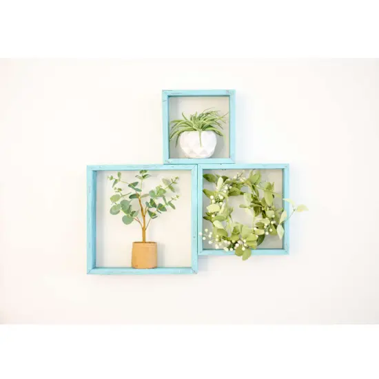 Rustic Farmhouse Reclaimed Wooden Open Square Wall Shelves (Set of 3) Blue {2}