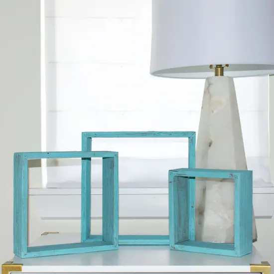 Rustic Farmhouse Reclaimed Wooden Open Square Wall Shelves (Set of 3) Blue {3}