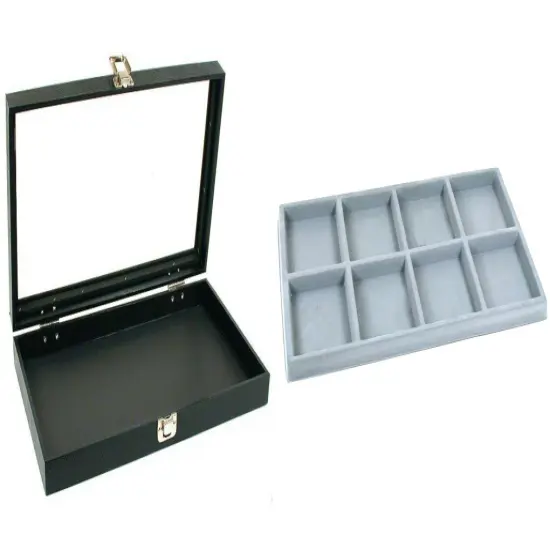Black Glass Top Jewelry Case w/ 1 Gray 8-Slot Plastic Tray (Single metal latch) {1}
