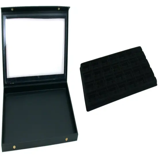 Black Glass Top Jewelry Case (Snap close lid) w/ Black 28-slot Plastic Tray {1}