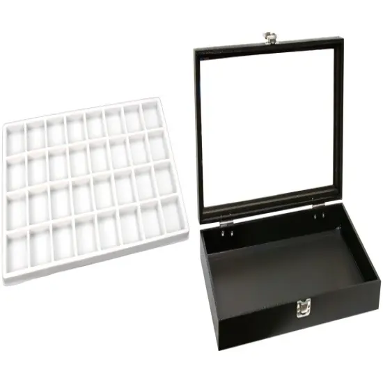 Black Glass-top Jewelry Case (Single metal latch) w/ White 32-slot Plastic Tray {1}