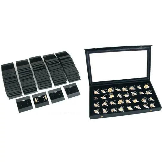 Black Earring Cards & Faux Leather Display Case w/ 32 Slot Insert Kit 102 Pcs {1}