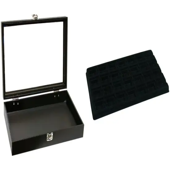 Black Glass-top Jewelry Case (Single metal latch) w/ Black 28-slot Plastic Tray {1}