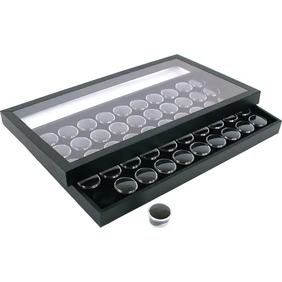 50 Gem Jars Black Display Tray Travel Case Acrylic Lid {1}
