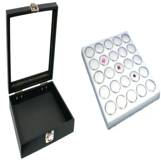 Black Sqaure Glass-top Case (Single Metal Latch) w/ White Foam 25 Gem Jar Insert {1}