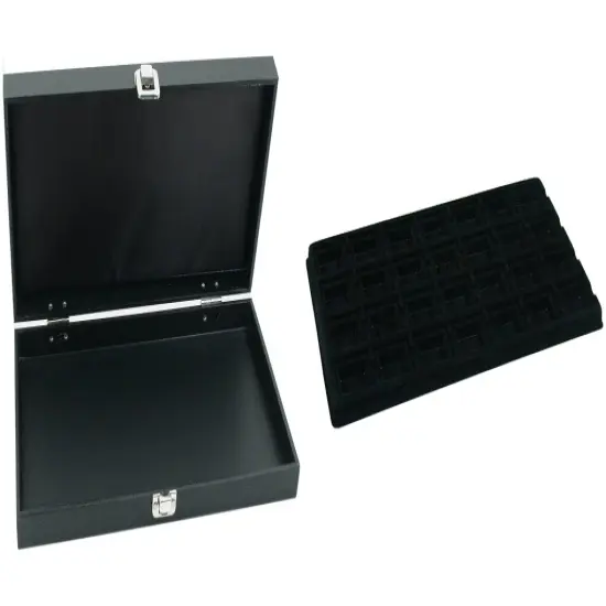 Black Jewelry Display Case (Single metal clasp) w/ Black 28-slot Plastic Tray {1}