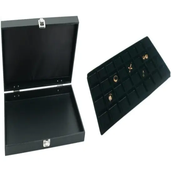 Black Jewelry Display Case (Single metal clasp) w/ Black 32-slot Plastic Tray {1}
