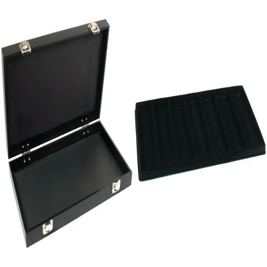 Black Jewelry Case (2xMetal Clasps & Removable Lid) w/ Black 7-slot Plastic Tray {1}