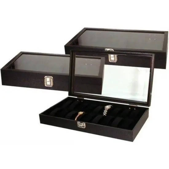 3 18pc Black Watch Travel Trays Showcase Display Case Unit W/ Glass Top {1}