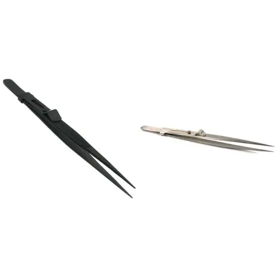 Black & Silver Tone Slide Locking Diamond Tweezers Jeweler Watch Tools Kit 2 Pcs {1}