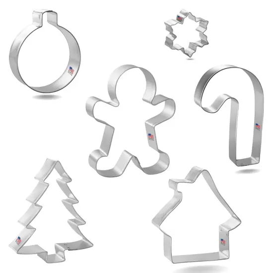 CookieCutter.com Gingerbread House 6 Piece Cookie Cutters Set, Christmas Tree, Gingerbread Man, House, Candy Cane, Tin Plate Steel, USA {3}