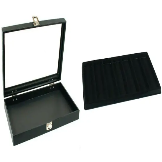 Black Glass Top Jewelry Case w/ 1 Black 7-Slot Plastic Tray (Single metal latch) {1}