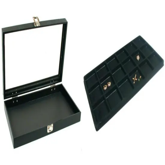 Black Glass Top Jewelry Case w/ 1 Black 18-Slot Plastic Tray(Single metal latch) {1}