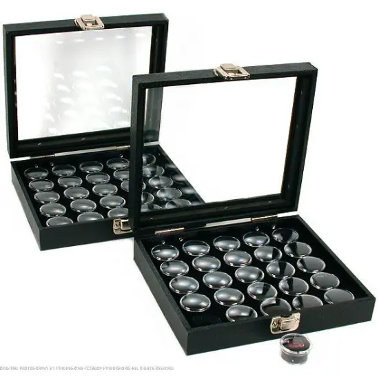 50 Gem Jars Black Display Tray Glass Lid Travel Case {1}