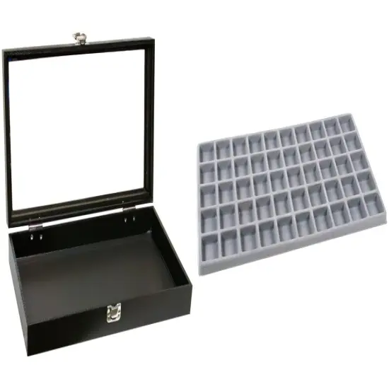 Black Glass-top Jewelry Case (Single metal latch) w/ Gray 50-slot Plastic Tray {1}