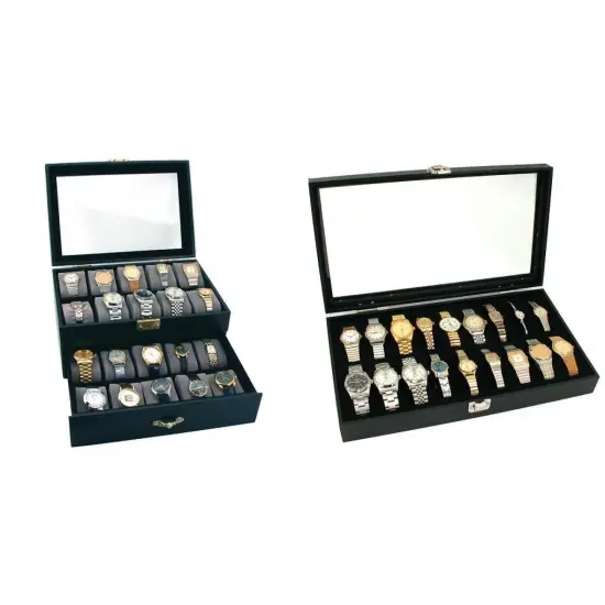 Lockable Glass Top Faux Leather Watch Jewelry Display Cases 20 & 18pc Kit 2 Pcs {1}