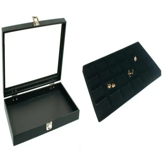 Black Glass Top Jewelry Case w/ 1 Black 24-Slot Plastic Tray(Single metal latch) {1}