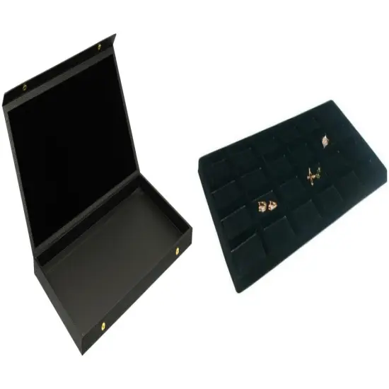 Black Faux Leather Jewelry Case w/ 1 Black 24-slot Plastic Tray (Snap Close Lid) {1}