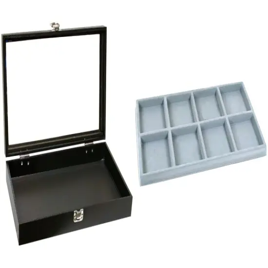 Black Glass-top Jewelry Case (Single metal latch) w/ Gray 8-slot Plastic Tray {1}