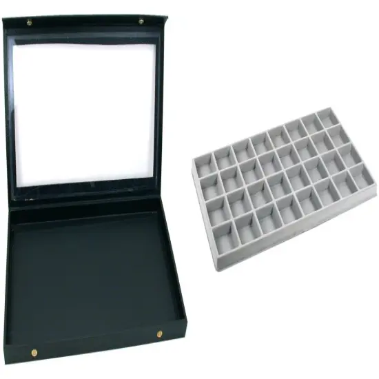 Black Glass Top Jewelry Case (Snap close lid) w/ Gray 32-slot Plastic Tray {1}