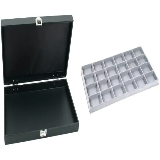 Black Jewelry Display Case (Single metal clasp) w/ Gray 24-slot Plastic Tray {1}