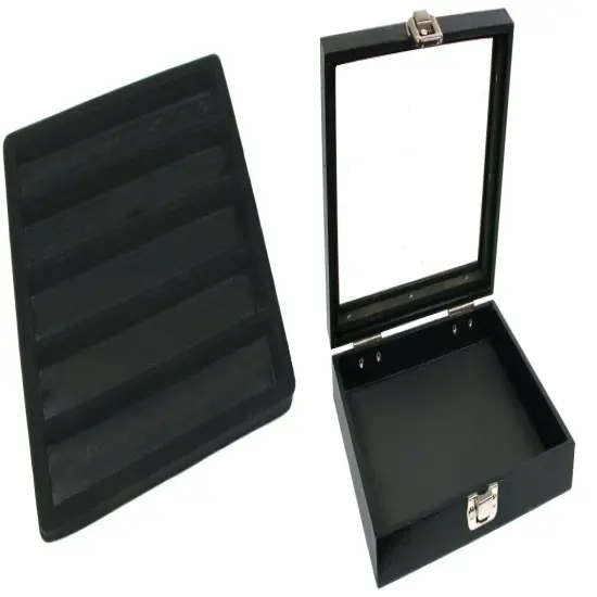 Black Sqaure Glass-top Case (Single Metal Latch) w/ Black 5-slot Plastic Tray {1}