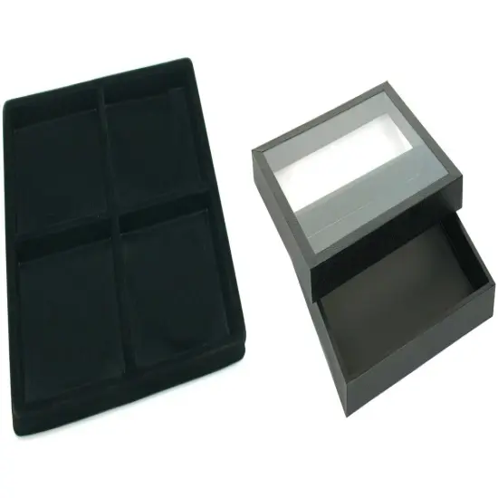 Black Square Display Case (Glass-top Removable Lid) w/ Black 4-slot Plastic Tray {1}