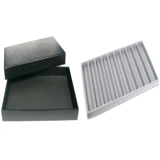 Black Jewelry Display Case (Removable Magnetic Lid) w/ Gray 10-slot Plastic Tray {1}