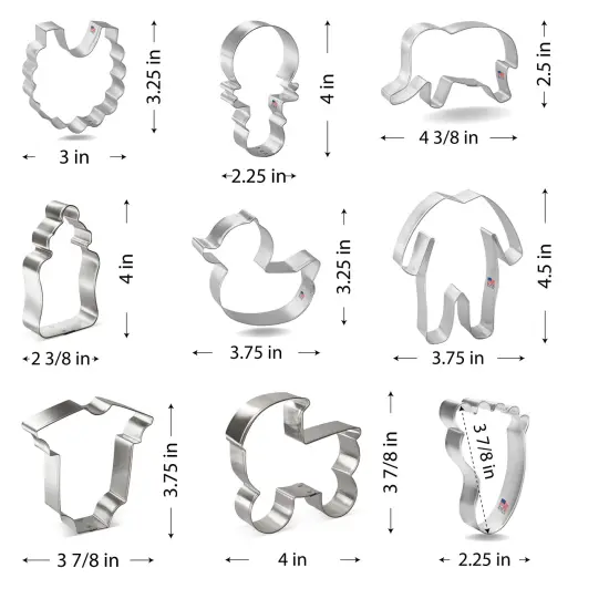 CookieCutter.com 9 Piece Baby Shower Cookie Cutter Set Carriage, Foot, Chunky Bottle, Elephant, Footie Pajamas, Bodysuit, Rubber Duck, Bib, Rattle, USA {2}