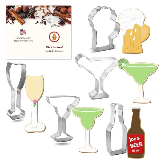 CookieCutter.com 5 Piece Drinks Cookie Cutter Set Margarita Glass with Lime, Bottle, Beer Mug, Champagne Glass, Margarita Glass, USA {1}