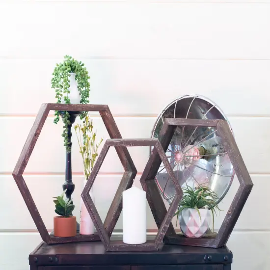 Rustic Farmhouse Floating Reclaimed Wood Hexagon Shelves (Set of 3) Brown {4}