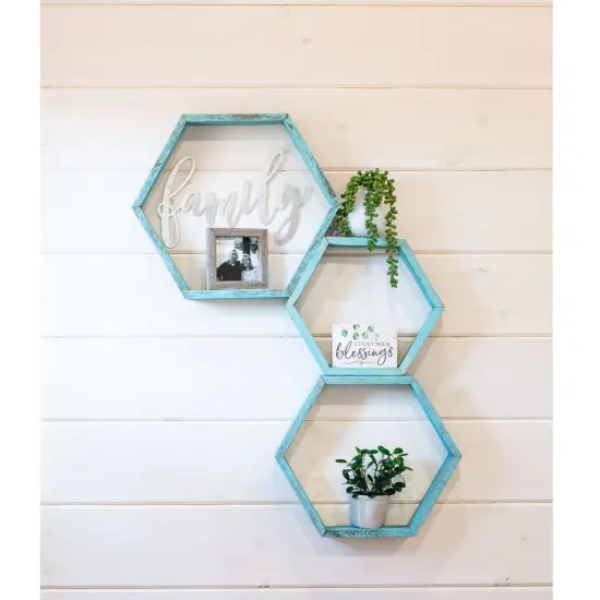 Rustic Farmhouse Floating Reclaimed Wood Hexagon Shelves (Set of 3) Blue {3}