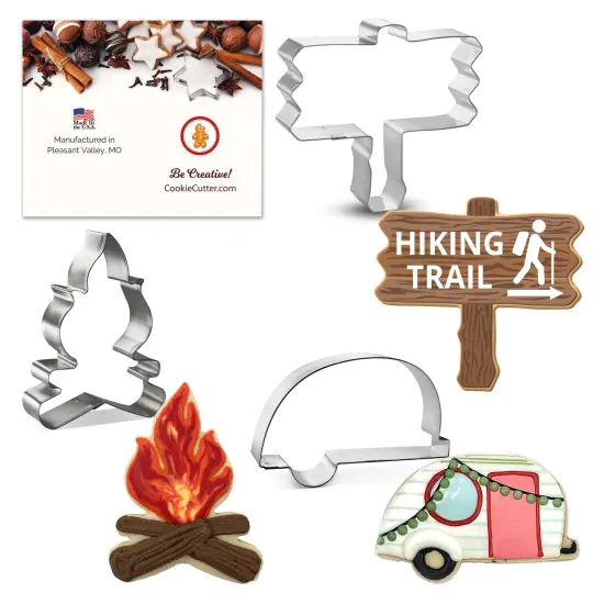 CookieCutter.com 3 Piece Summer Fall Camping Cookie Cutter Set Camper Glamper, Wooden Sign, Campfire, Metal Shapes Made in USA, Silver {1}