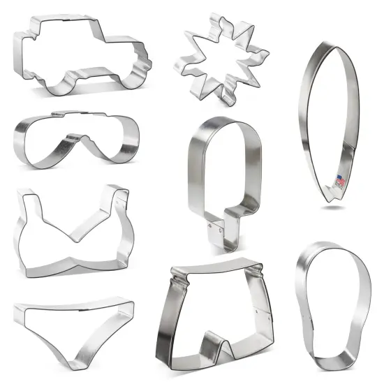 CookieCutter.com 9 Piece Summer Beach Cookie Cutter Set Bikini Top, Bikini Bottom, Swimming Trunks, Flip Flop, Sunglasses, Surfboard, Frozen Treat, SUV Military Off Road Vehicle, Sun, USA {4}