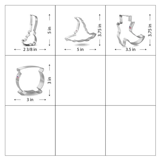 CookieCutter.com 4 Piece Halloween Witch Cookie Cutter Set Witch Broom, Hat, Shoe, Cauldron, Metal Shapes Made in USA, Silver {2}